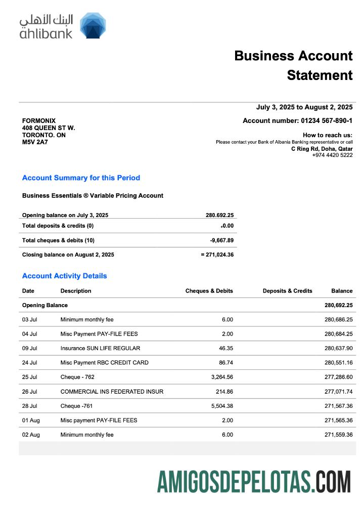 Declaração de empresa de negócios do Qatar Ahlibank em formato Word e PDF, exemplo real